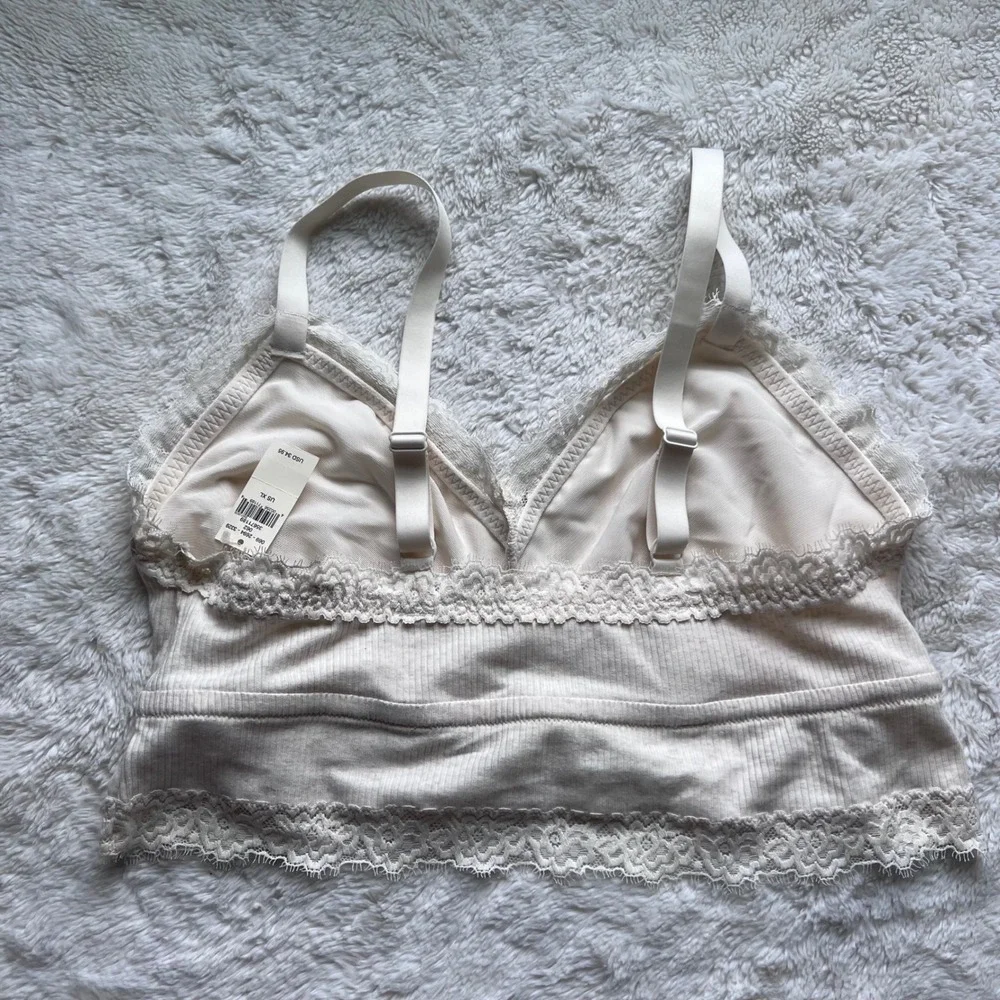 Aerie Ribbed Lace Trim Bralette Cream Wireless Longline XL 069-2694-3329 NWOT